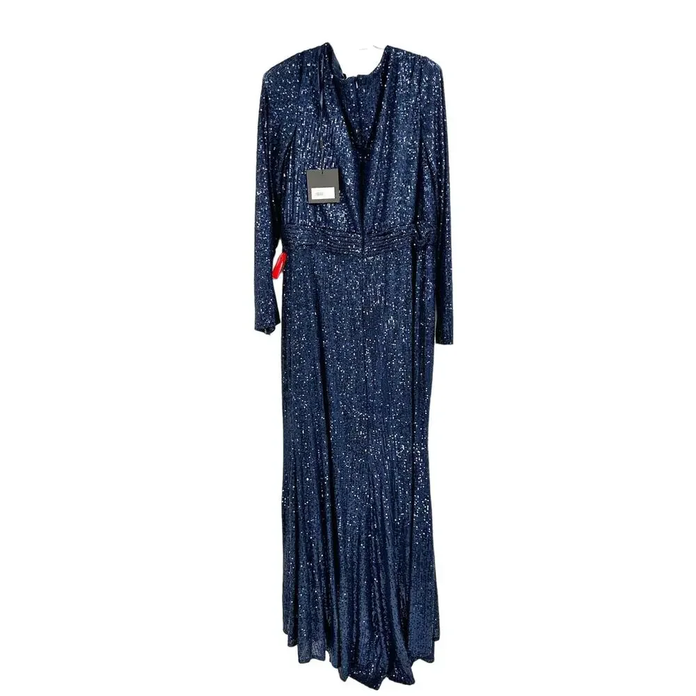 Mac Duggal‎ 26490 Midnight Blue Sequined Long Sleeve V-Neck Cocktail Gown